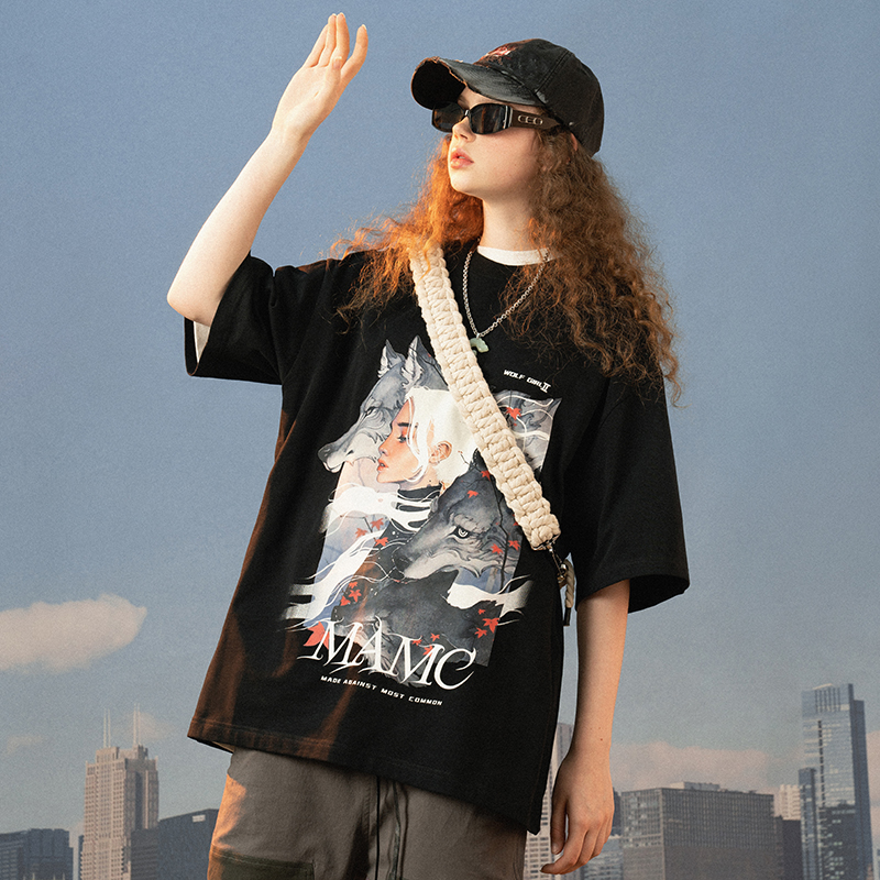 MAMC二代狼少女短袖T恤男女2022年新款宽松纯棉国潮牌春夏款上衣