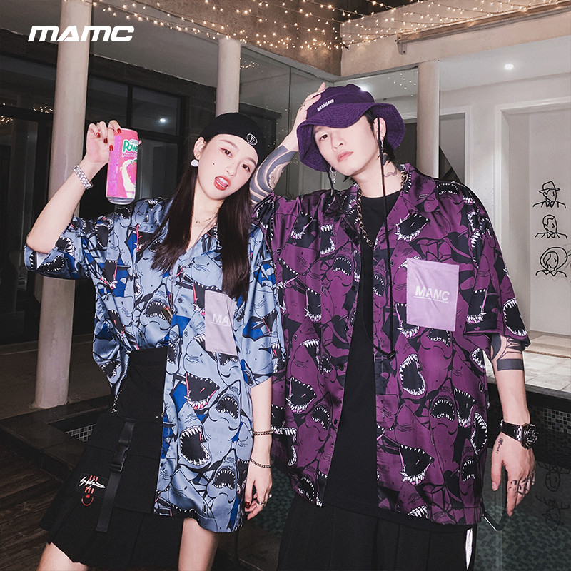 MAMC街头欧美满印鲨鱼衬衫男情侣装夏季嘻哈国潮牌潮流宽松短袖女