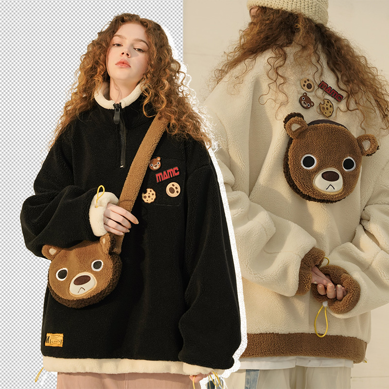 MAMC魔术贴可拆卸小熊腰包羊羔毛外套女潮秋冬季情侣装炸街棉服男