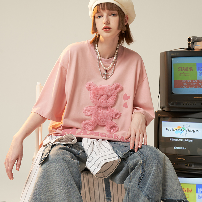 MAMC毛绒小熊短袖T恤男国潮牌潮流春夏季新款上衣女ins甜酷情侣装