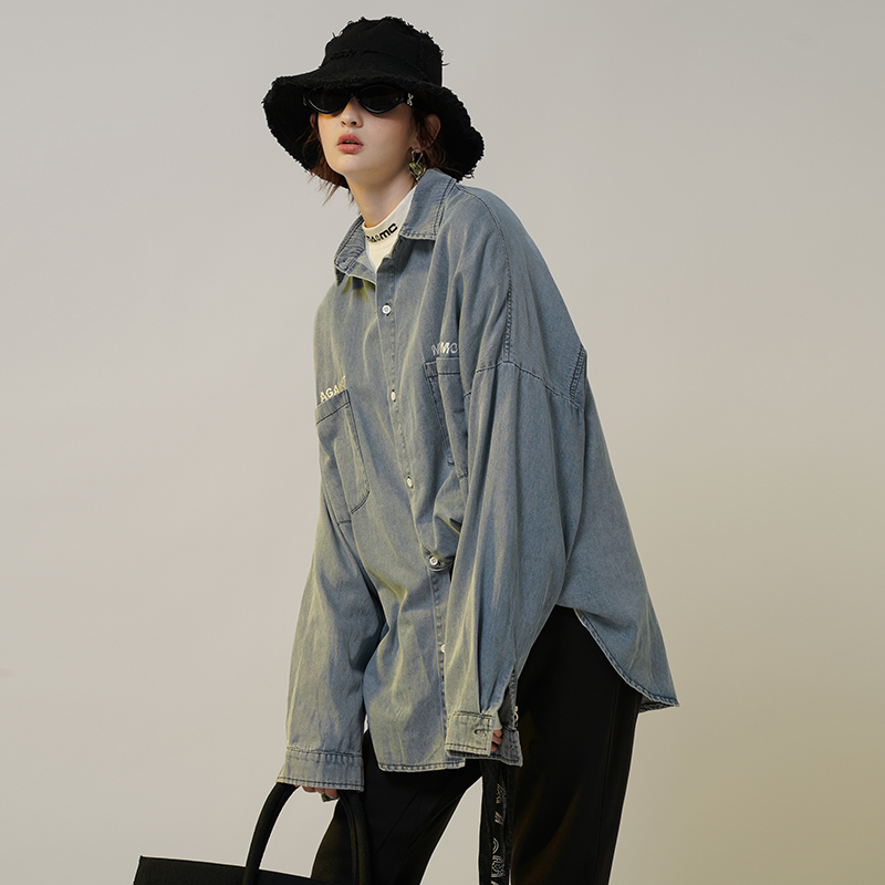 MAMC国潮水洗牛仔衬衫嘻哈潮牌宽松外套男女情侣装春夏季薄款外套