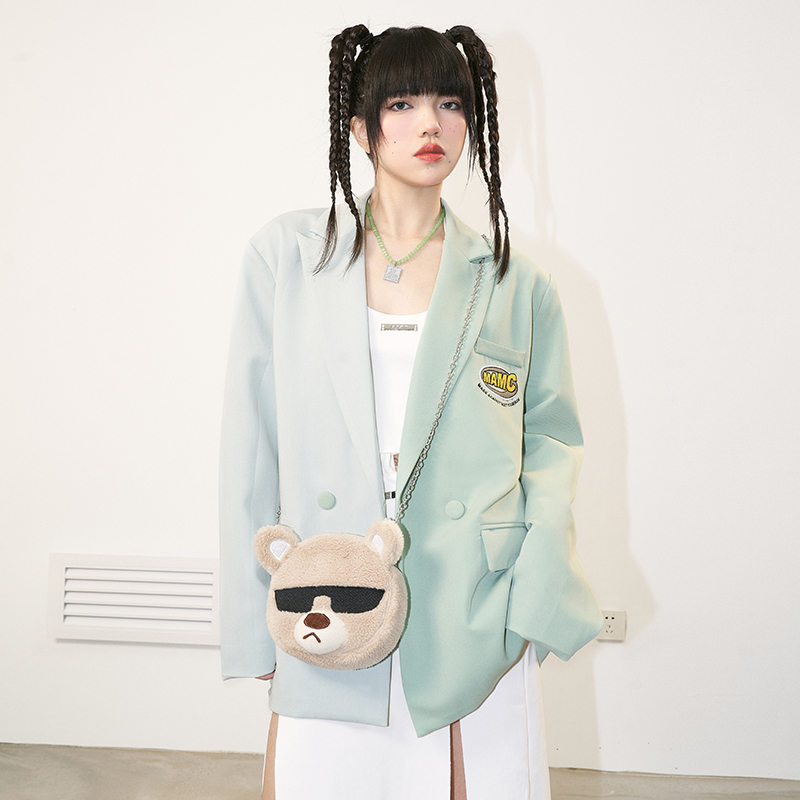 MAMC小熊拼色西装外套男女国潮牌2021秋新款高级感oversize情侣装