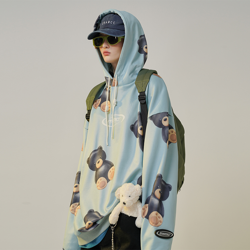 MAMC国潮满印小黑熊卫衣2020秋款男女嘻哈潮牌情侣装套头帽衫外套