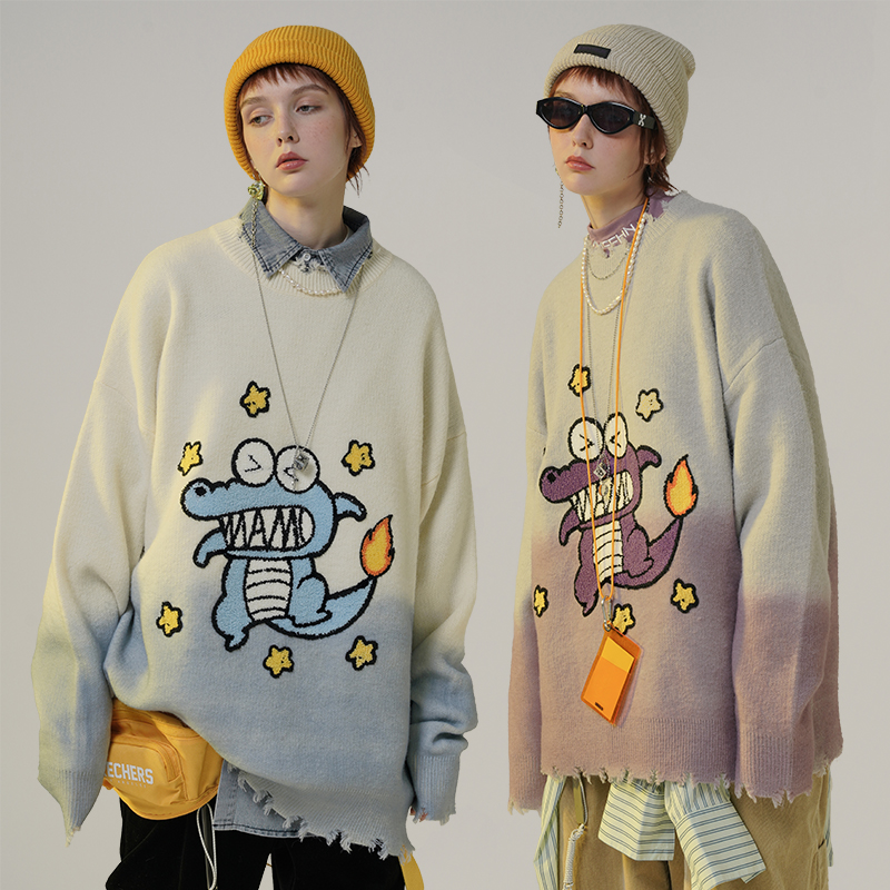 MAMC情侣款小鳄鱼破坏毛衣男女春秋季宽松羊绒毛针织开衫外穿外套