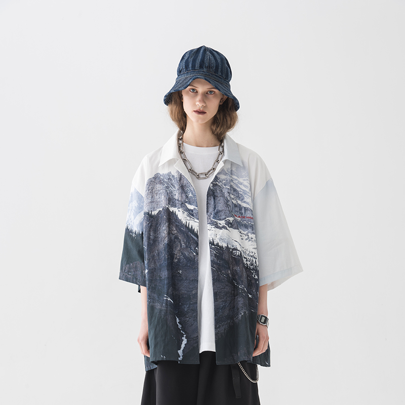 harshandcruel 潮雪山印花夏威夷衬衫短袖古巴宽松马嘉祺魏晨同款