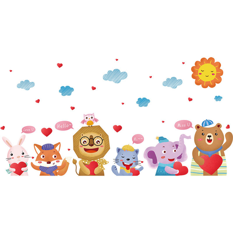 可爱卡通动物图案贴画儿童房间布置墙纸自粘墙贴