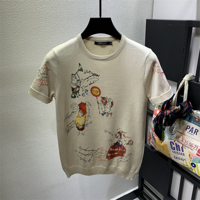 男士短袖毛衣春秋毛衫圆领个性动物印花时尚修身半截袖针织衫半袖