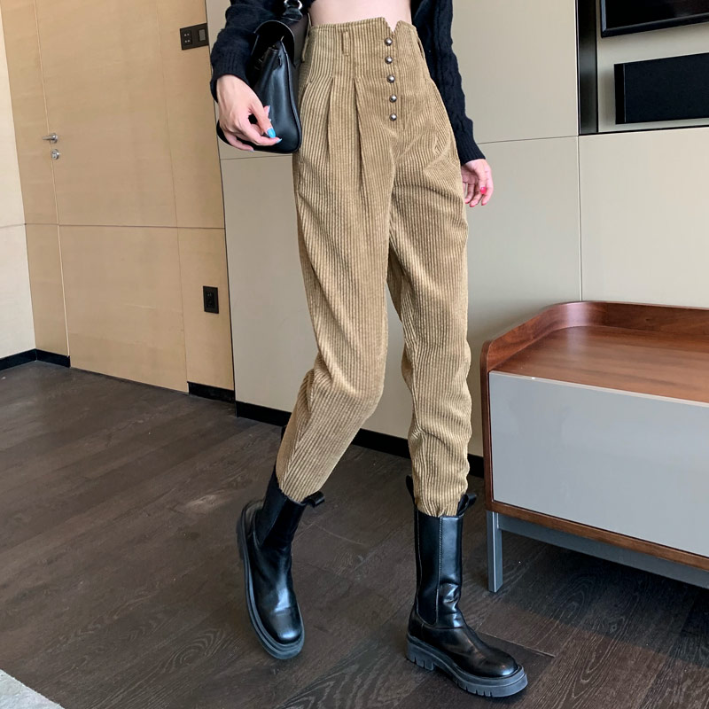 设计感灯芯绒休闲裤女2021秋冬新款时尚帅气潮牌小个子显高束脚裤