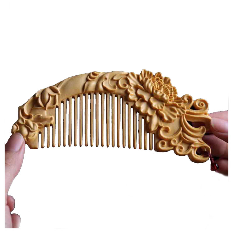 木质梳子富贵牡丹图案黄杨木杨木整木雕刻工艺品梳子