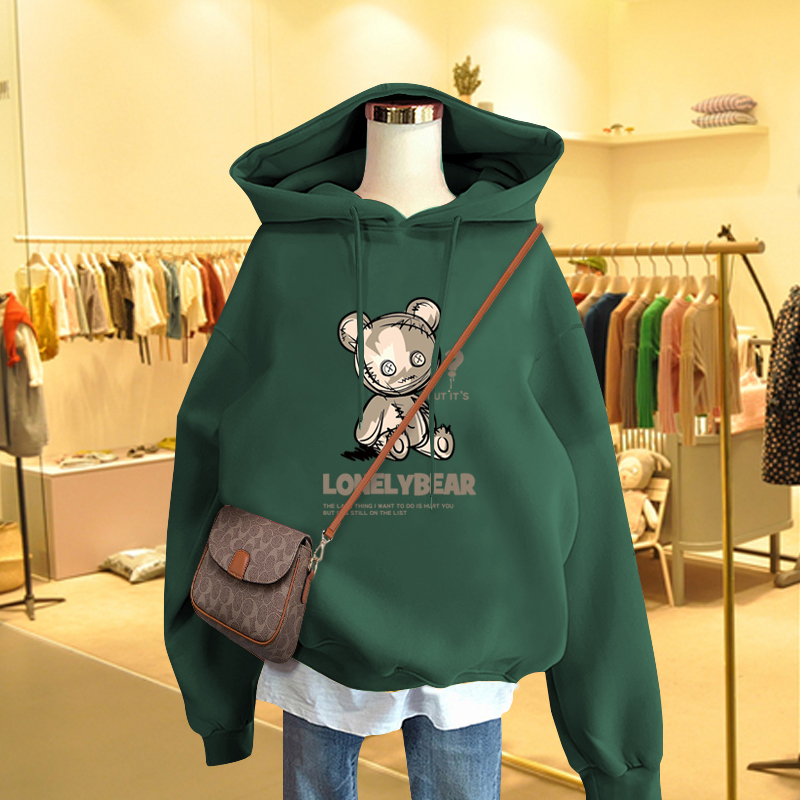 连帽卫衣女情侣装2022年新款中长款外套墨绿色加绒加厚春装上衣潮