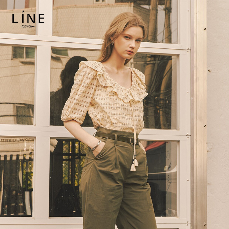 line韩国女装夏季新款亚麻泡泡条纹荷叶衬衫衬衫