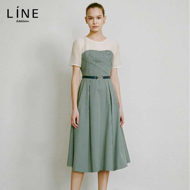 短袖line女装韩国夏季新品格纹收腰中长连衣裙连衣裙