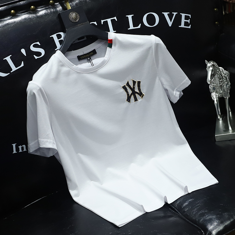 夏季短袖t恤男时尚潮牌欧洲站欧货潮流丝光棉NY刺绣纯色半袖体恤