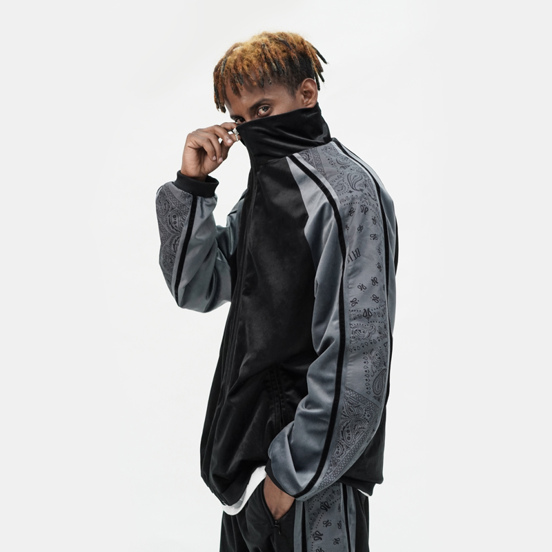 BTW 夹克男秋冬美式休闲宽松嘻哈潮牌腰果花套装条纹拼接丝绒外套