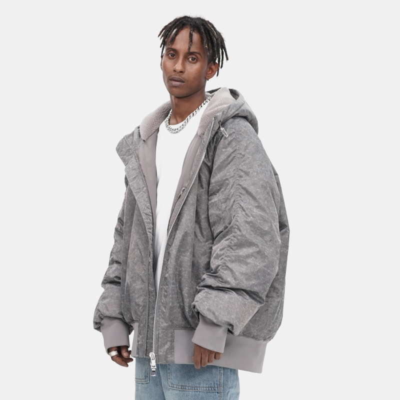 BTW冬季新款加厚保暖雪花纹飞行夹克男潮牌嘻哈宽松连帽羽绒服