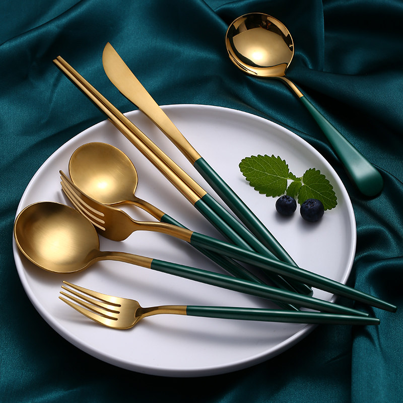 北欧祖母绿西餐牛排刀叉餐具高档不锈钢勺子轻奢西餐餐具套装