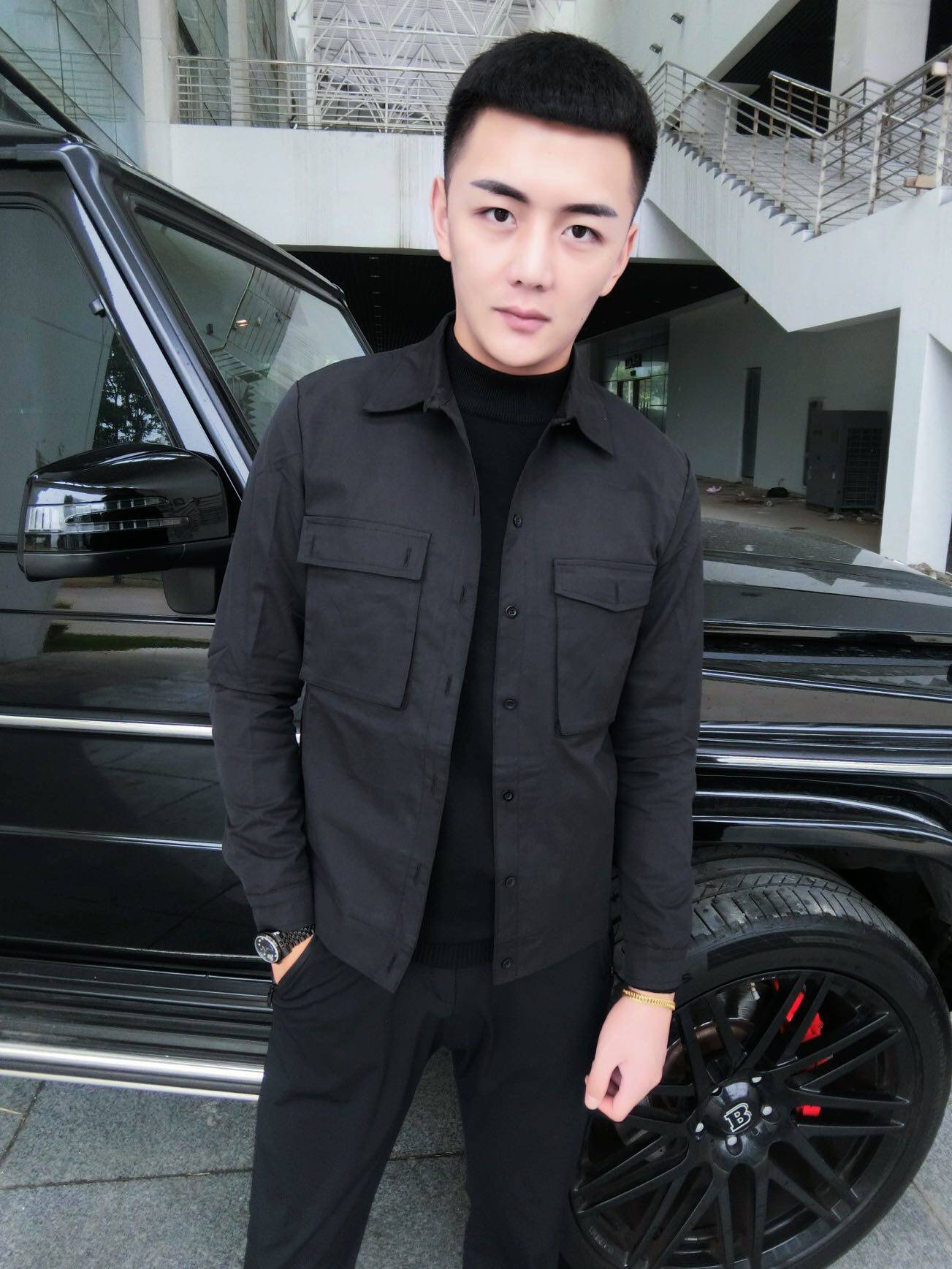 男春秋精神小伙立正翻领加棉夹克外套纯色社会痞帅 柏商v网红同款