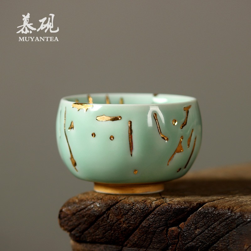 慕砚 青瓷描金茶盏日式纯手工茶具功夫茶杯24k金创意品茗主人单杯 - 图3