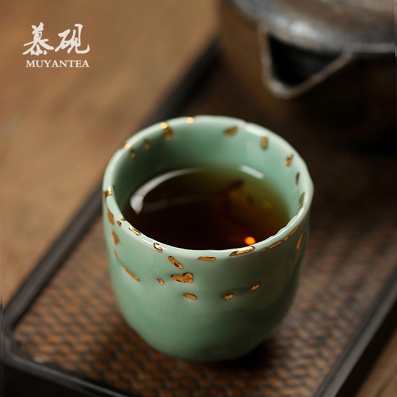 慕砚 青瓷描金茶盏日式纯手工茶具功夫茶杯24k金创意品茗主人单杯 - 图1