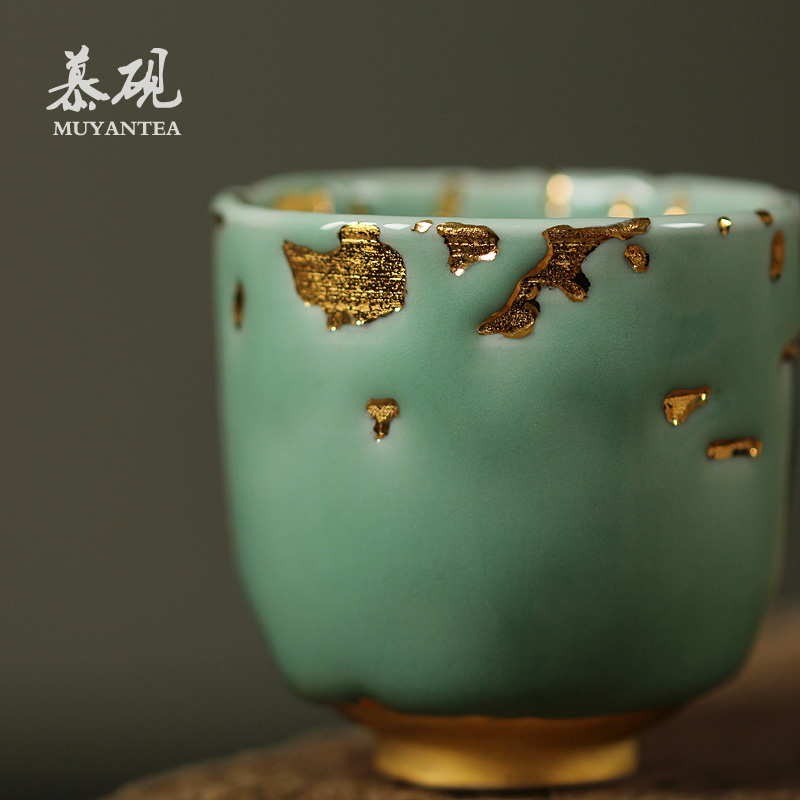 慕砚 青瓷描金茶盏日式纯手工茶具功夫茶杯24k金创意品茗主人单杯 - 图2