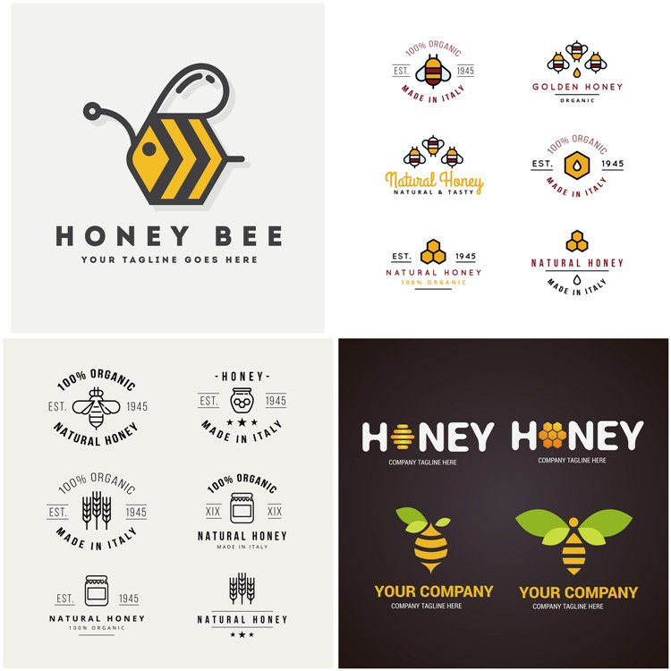 a0085蜜蜂logo标志蜂巢蜂蜜简约手绘复古昆虫eps设计素材ai矢量图