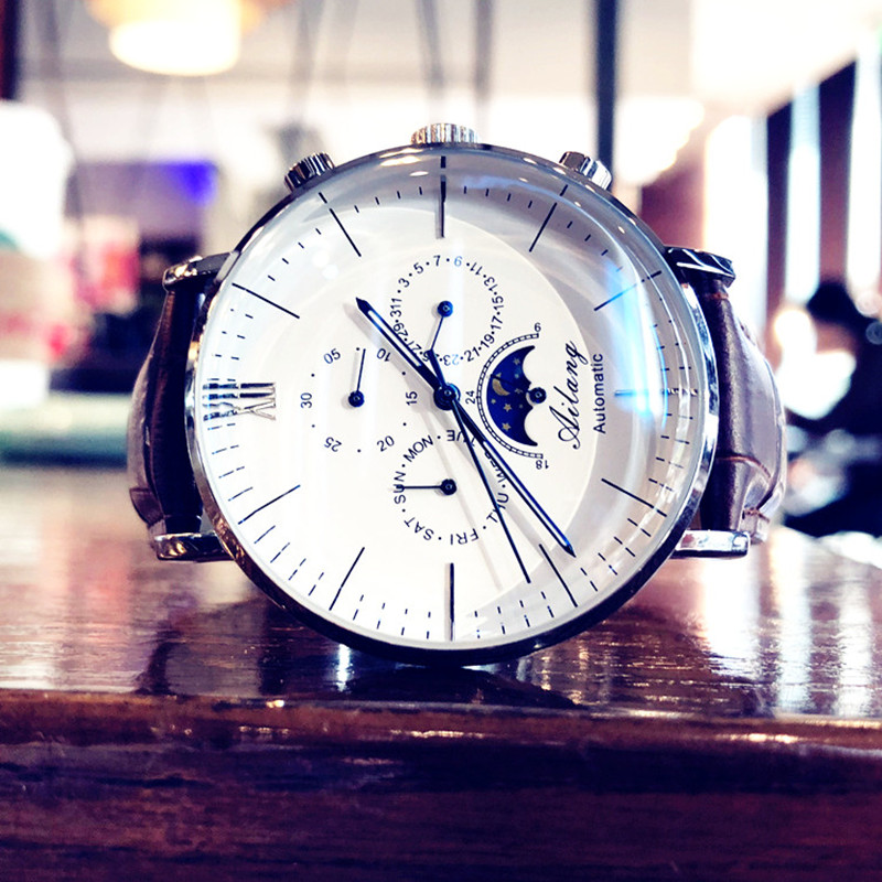 2020新款手表男士机械表全自动新概念真皮带时尚潮流防水腕表夜光