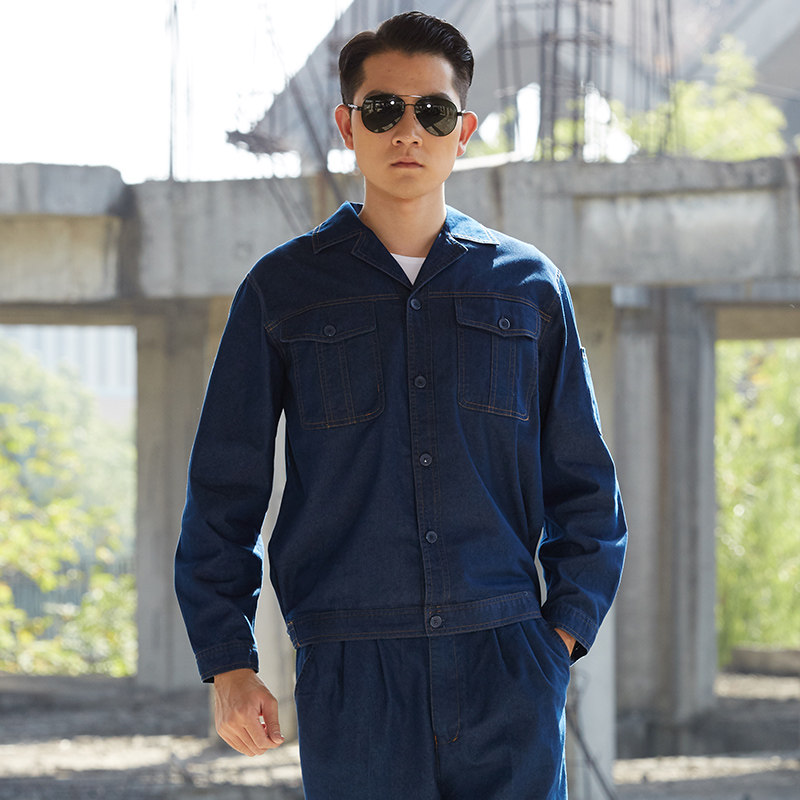 夏季牛仔工作服套装男薄款长袖耐磨耐脏汽修焊工工装制服