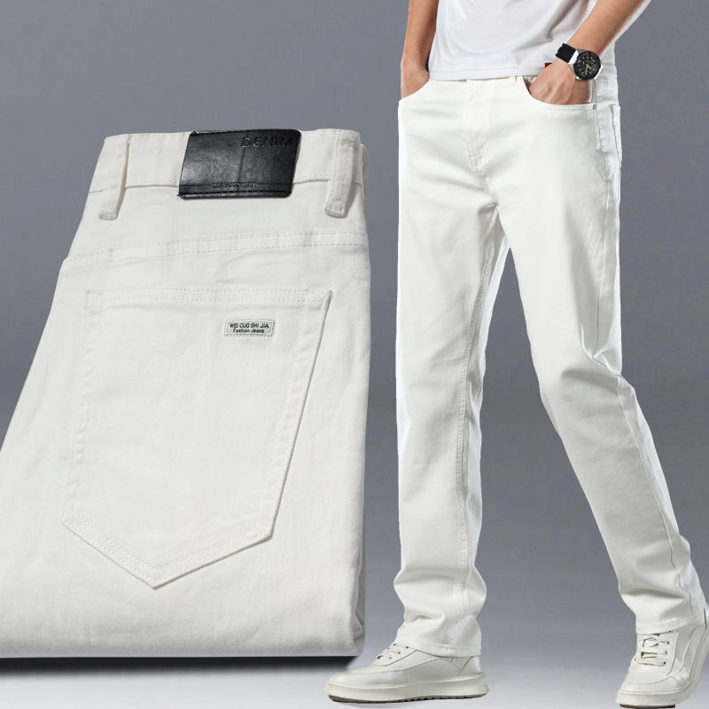 2022夏季薄款纯棉白色牛仔裤男士直筒宽松春秋季米白浅色休闲裤子