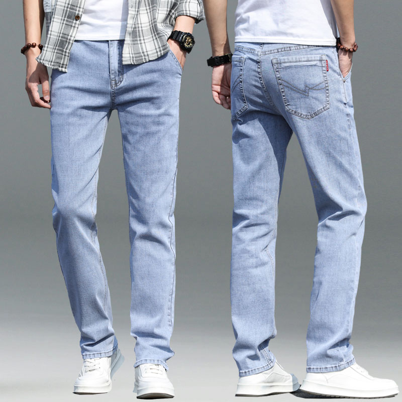夏季薄款高端浅蓝色牛仔裤男士高级宽松直筒休闲弹力蓝白长裤潮牌