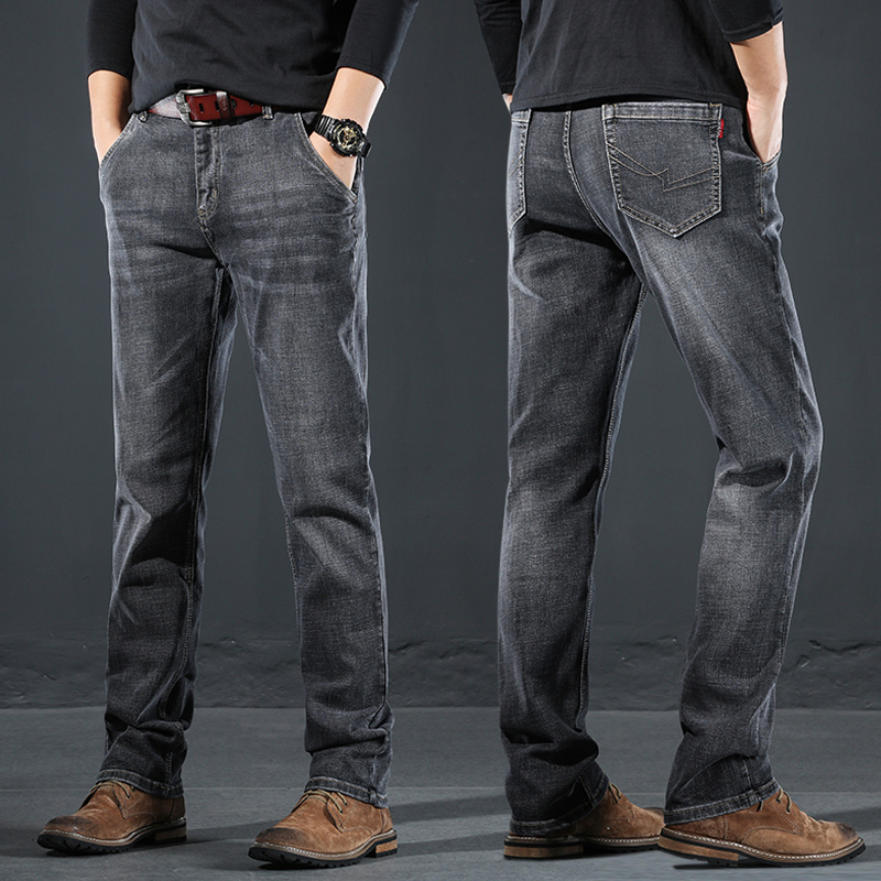 2022新春款高级烟灰色牛仔裤男士直筒宽松弹力秋冬中年高端斜口袋