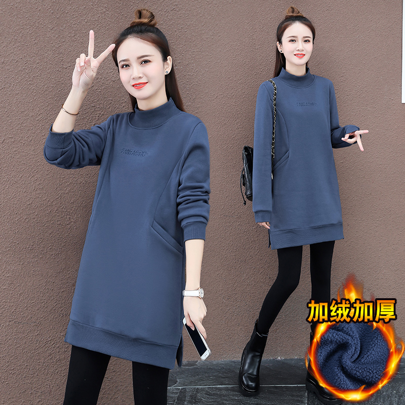 时髦简约半高领加绒卫衣女中长款秋冬季宽松显瘦遮臀新款锁温打底