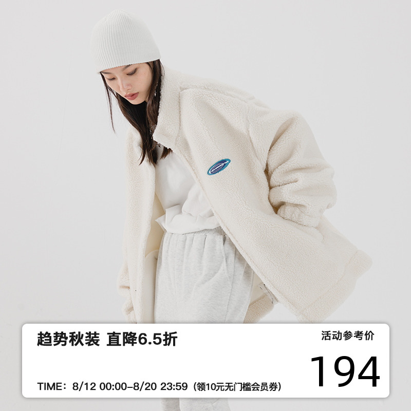 CHRROTA秋冬新款羊羔绒外套男国潮情侣立领夹克羊羔毛外套女白色