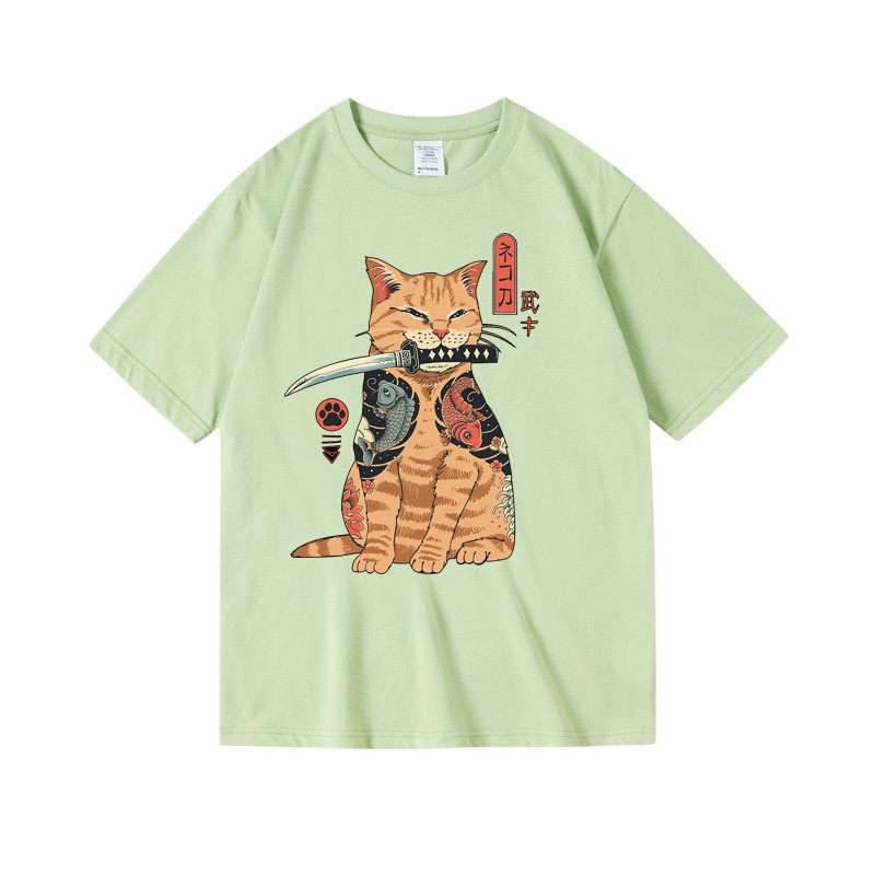 日系原宿浮世绘柴犬橘猫复古印花衣服纯棉圆领t恤