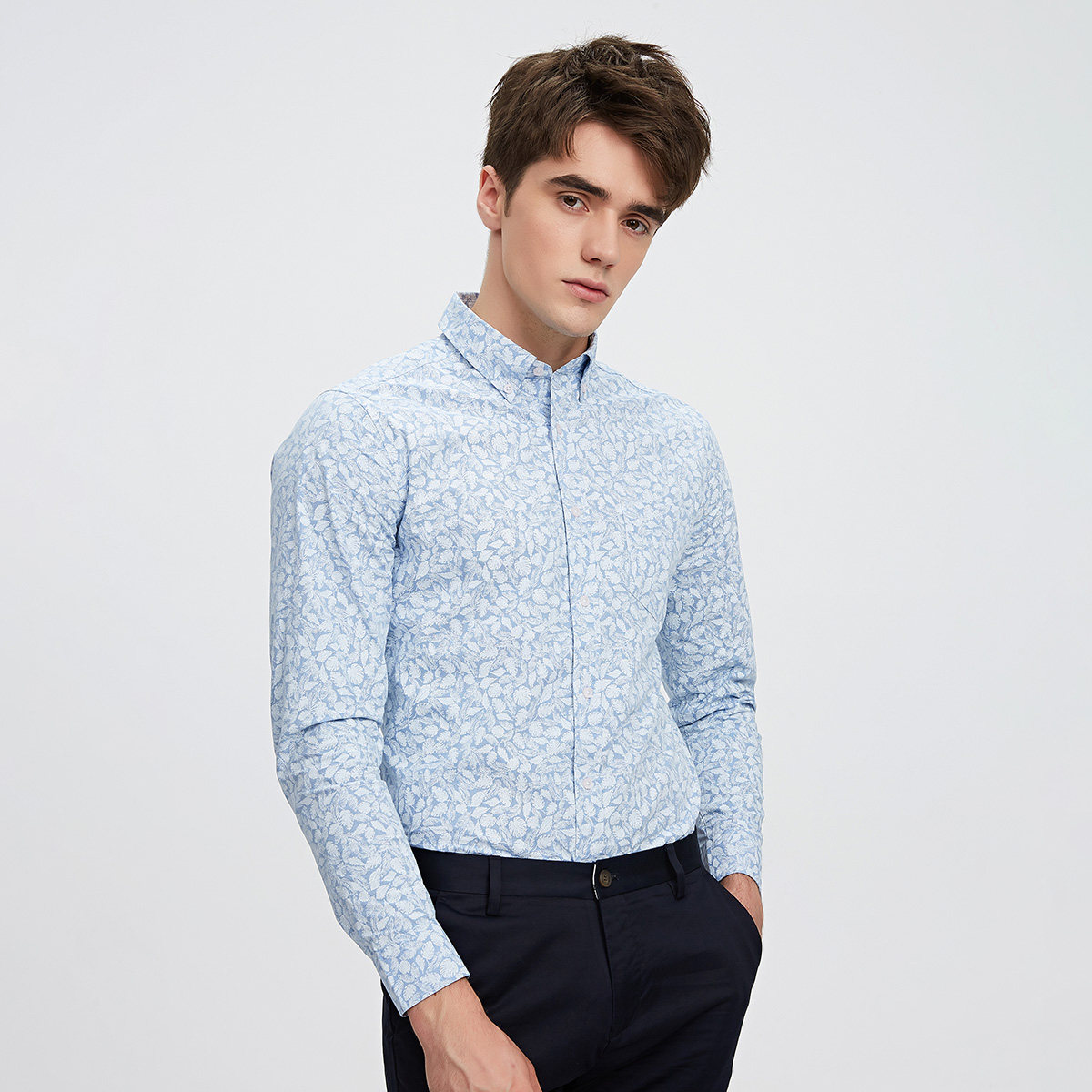 衬衫ellehomme长袖商务休闲时尚2020春夏新款浅蓝色衬衫