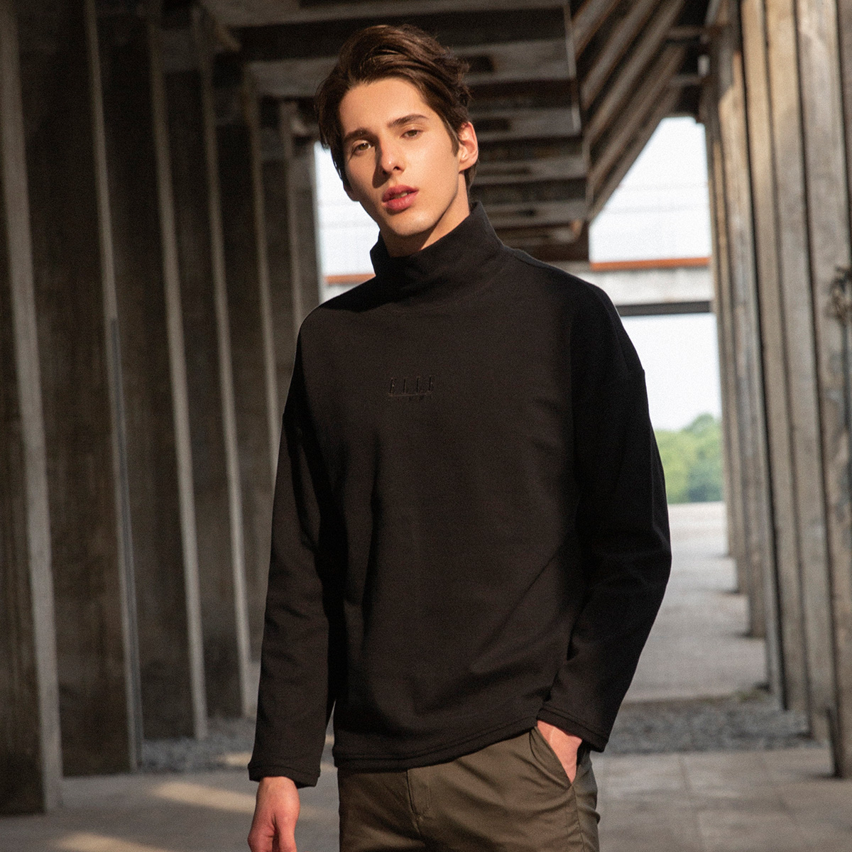 ellehomme男士卫衣2020秋冬新款潮棉款高领黑色卫衣