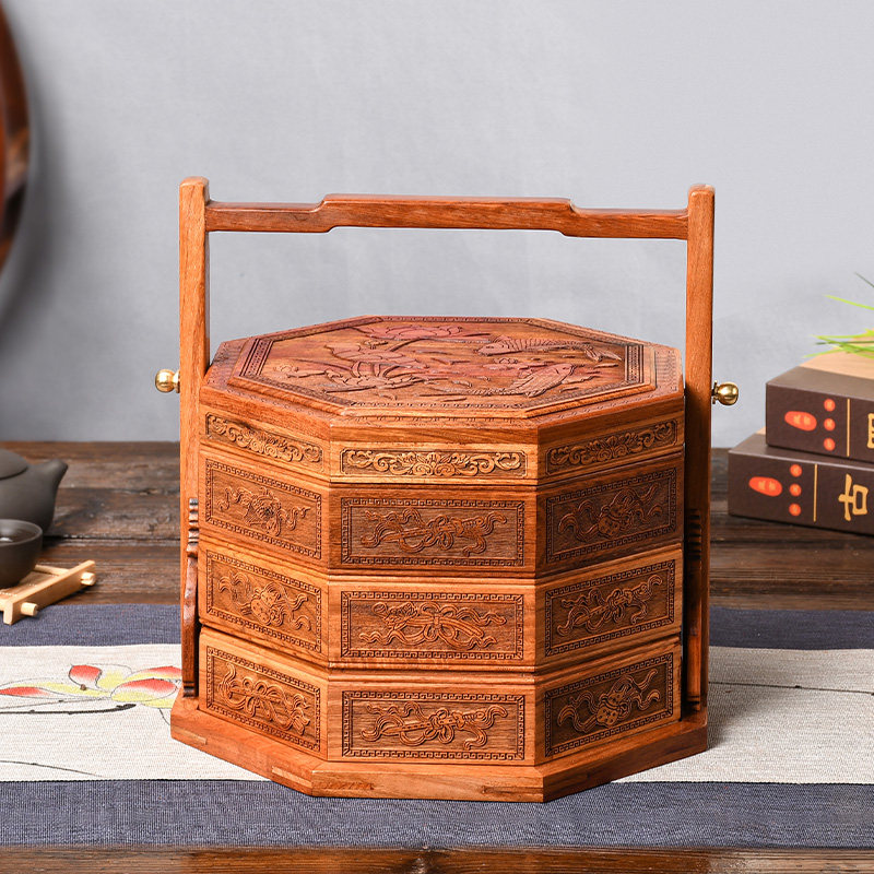 缅甸花梨木提篮复古中式点心盒雕花三层食盒实木送餐盒带盖收纳篮
