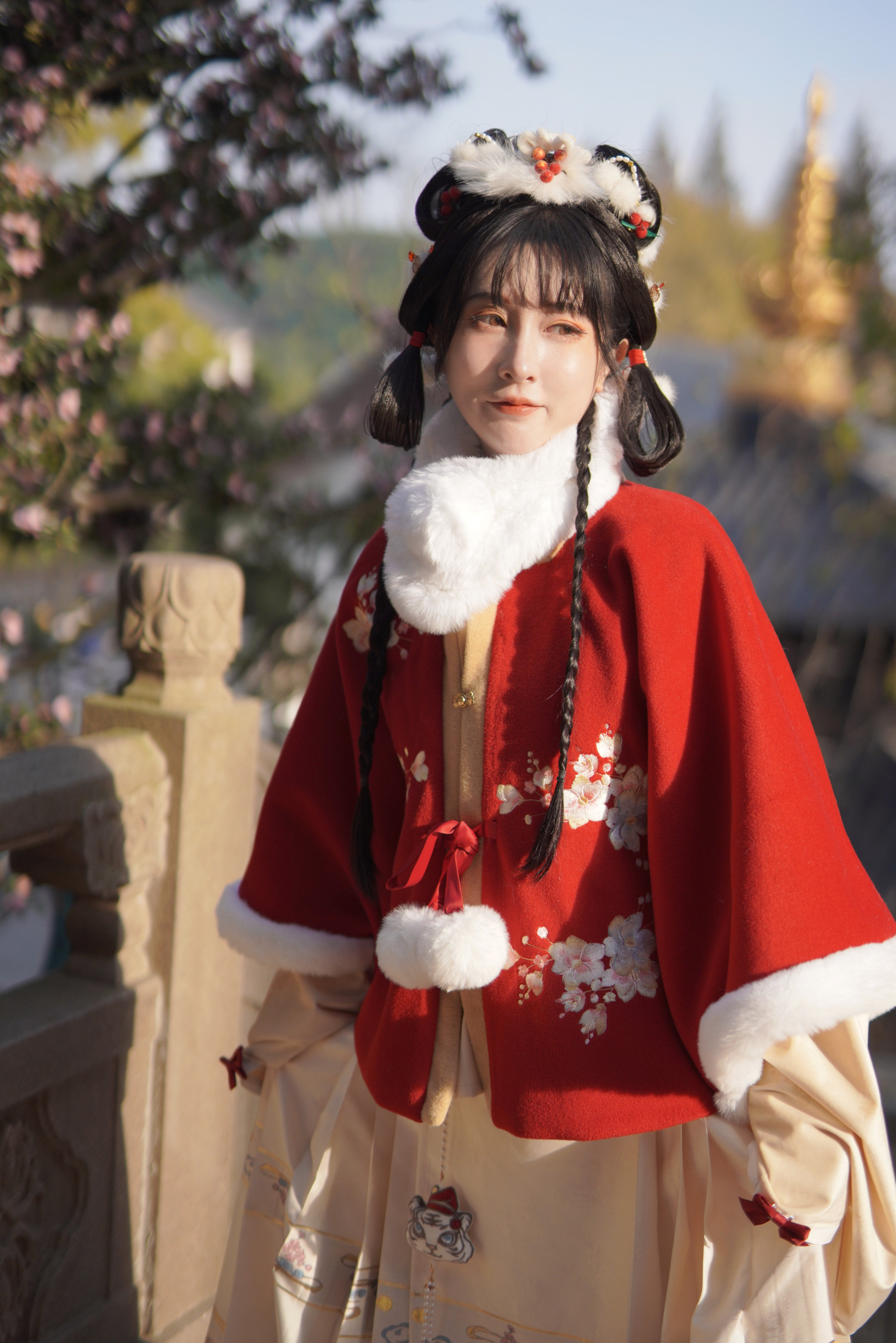 暮山原创汉服搭配兔毛球球吸扣围巾围脖围巾