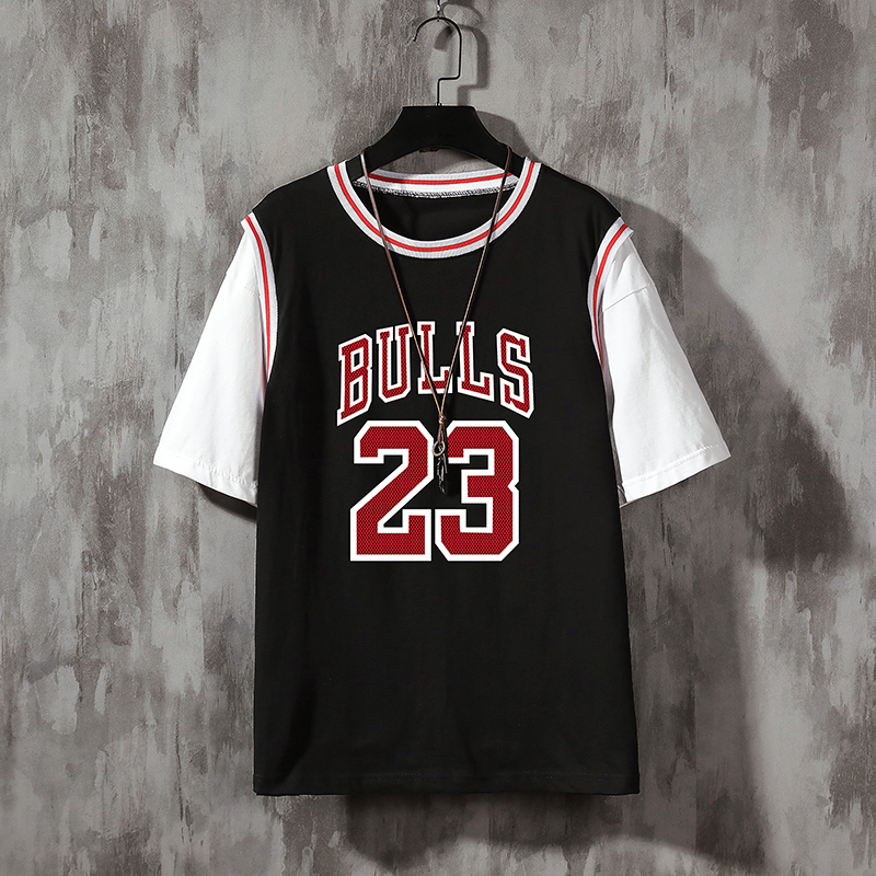 短袖23号球衣篮球男潮街头假两件t恤宽松嘻哈潮牌夏季半袖青少年
