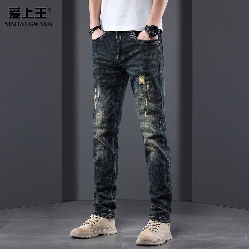 高端破洞牛仔裤男潮牌直筒长裤2022秋季新款复古休闲纯棉裤子男士