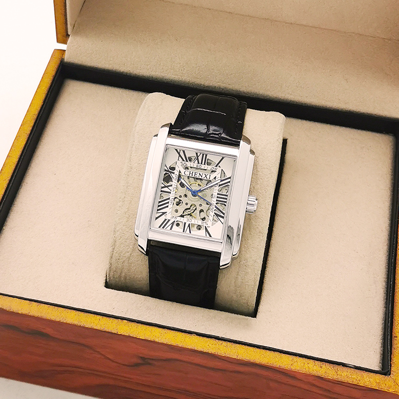 晨曦方形男士手表男镂空全自动机械男表防水学生潮流复古商务腕表