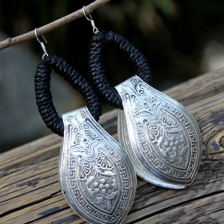 2020新款云南民族苗族苗银耳环手工麻线叶子耳环