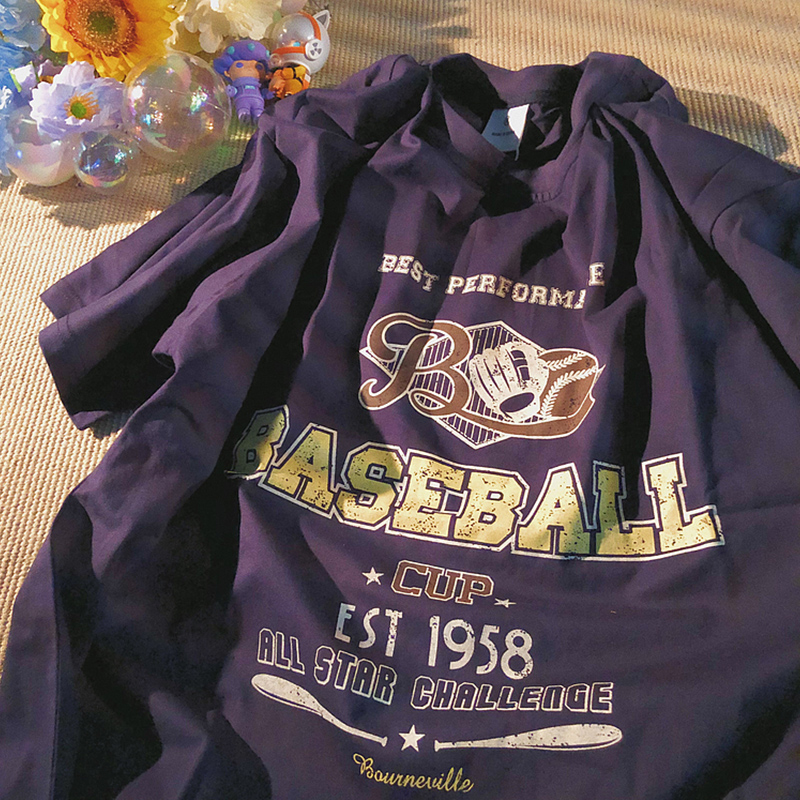 美式复古风vintage做旧印花短袖男女夏季oversize古着感棒球上衣