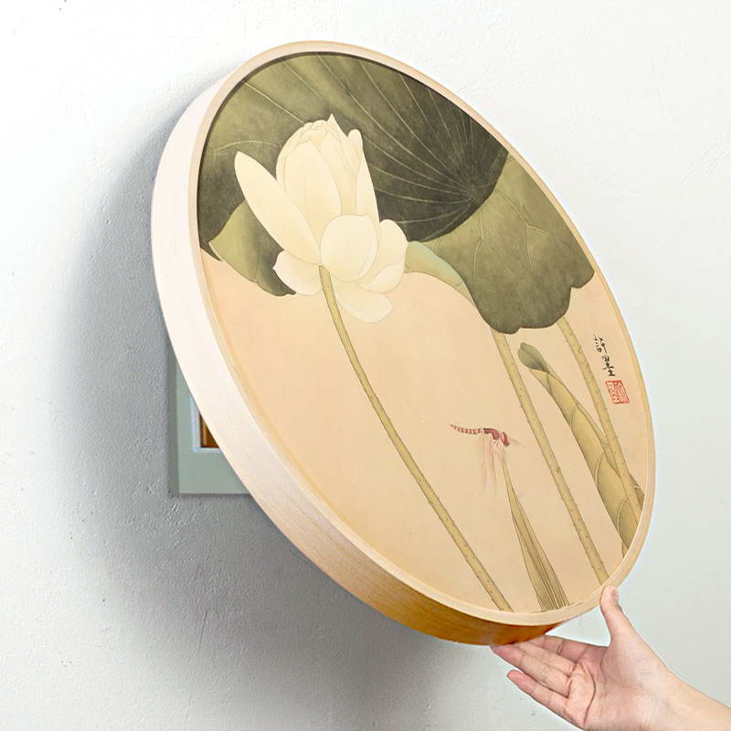 亦尘阁手绘莲荷荷花现代国画工笔圆形实木木框国画