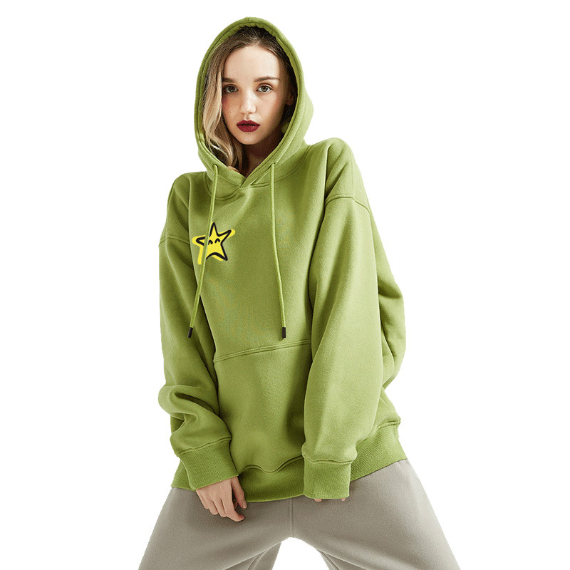谭松韵同款牛油果绿卫衣星星上衣宽松连帽慵懒卫衣