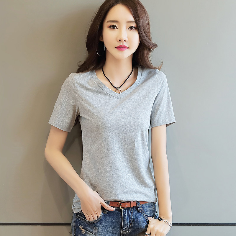 夏季白色v领短袖t恤2020新款女装宽松纯色大码半袖体恤衫上衣服潮