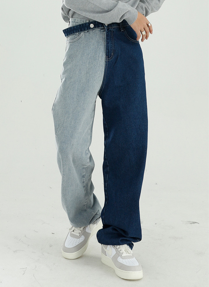 金靖同款 Voguo Relay撞色拼色韩版时尚挂扣设计感中腰牛仔裤男女