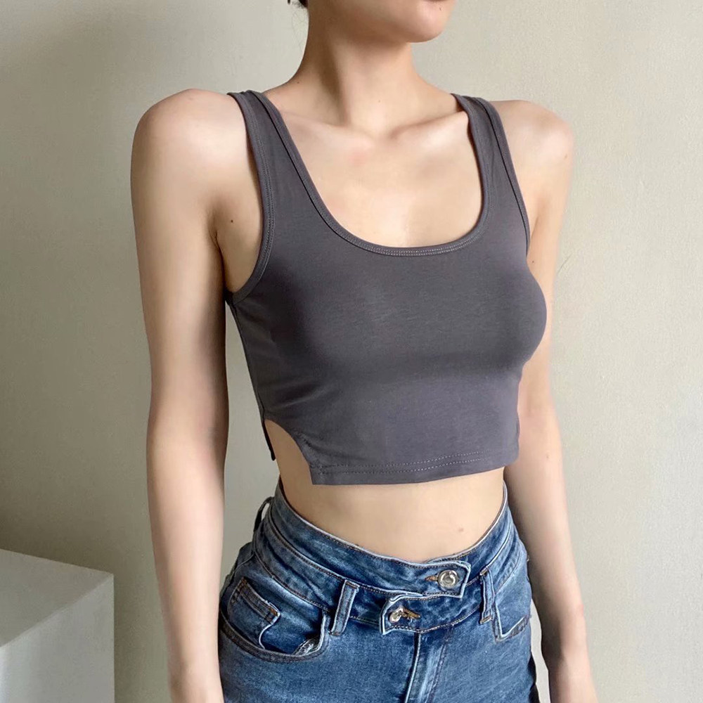 休闲简约有小心机开口设计露腰短款露脐背心背心吊带