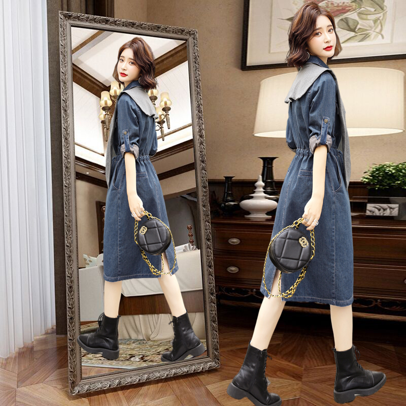 早秋披肩裙子两件套2022年秋装新款韩版女装气质收腰牛仔连衣裙潮