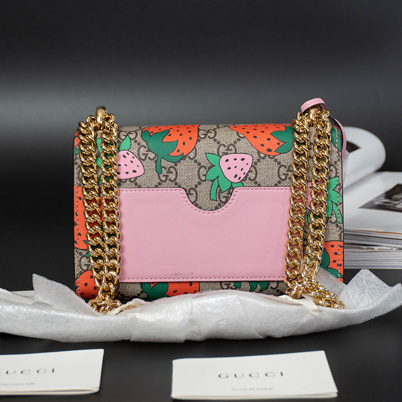 准新gucci古驰古奇padlock小号草莓粉色女士链条旅行箱