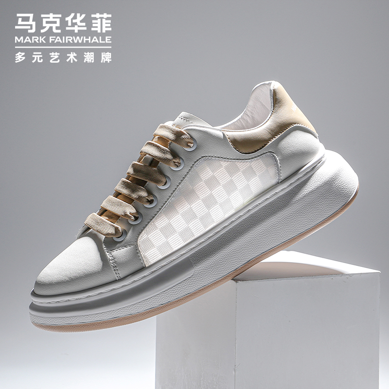 马克华菲男鞋夏季透气薄款休闲小白鞋2022新款增高网面运动板鞋潮